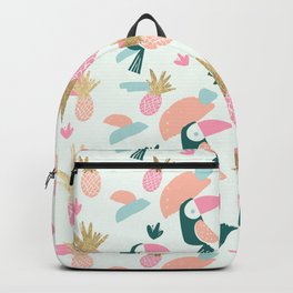 Summer Tropical Gold Pineapple Pink Green Toucan Brushstrokes Backpack | Painting, Floral, Toucan, Tropical, Eclectic, Handpainted, Pineapplepattern, Gold, Green, Brushstrokes 