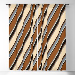 [ Thumbnail: Brown, Light Slate Gray, Tan, and Black Colored Lined/Striped Pattern Blackout Curtain ]