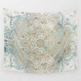 Mandala Flower, Teal and Gold, Floral Prints Wall Tapestry