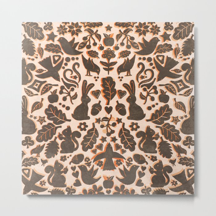 Two Rabbits - folk art pattern in tan, brown, cream & orange Metal Print