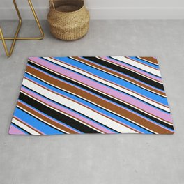 [ Thumbnail: Blue, Plum, Brown, White & Black Colored Lined/Striped Pattern Rug ]