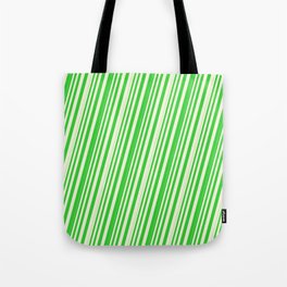 [ Thumbnail: Beige & Lime Green Colored Lined Pattern Tote Bag ]
