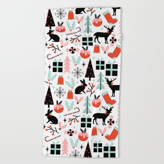 Christmas ornaments minimal holly reindeer candy cane christmas tree pattern print Beach Towel