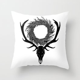 Scottish Red Deer Skull with Heather and Thistle Wreath Throw Pillow