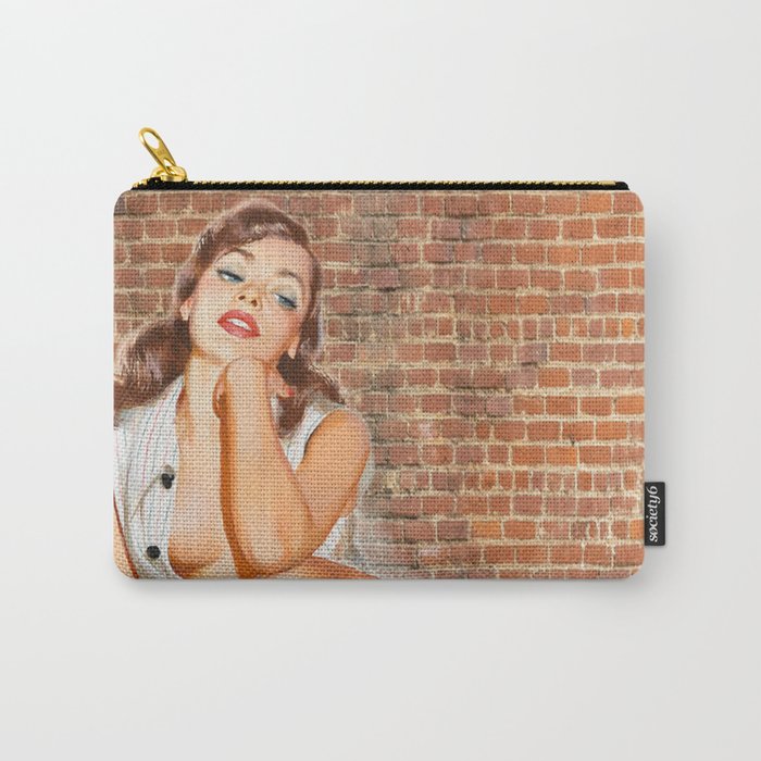 Vintage Pin Up Girl With Two Vinyls, A Green Skirt And Red Nails On A Wall Background Carry-All Pouch
