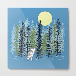 Wolf Howling at the Moon with Woodland Trees in Winter Metal Print