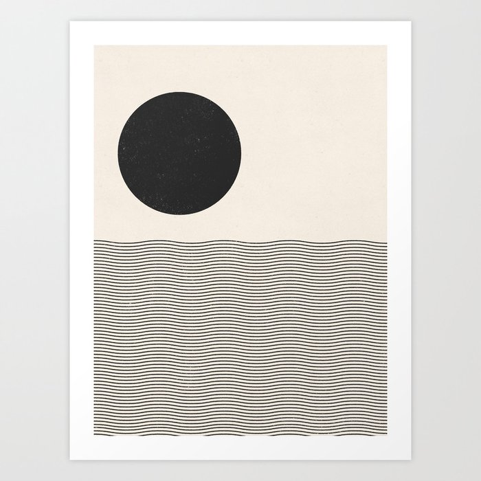 Sun and Sea, Abstract Mid-century modern woodblock style print Art Print