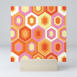 Pink, Orange, Yellow and White Hexagon Geometric Retro Pattern Mini Art Print