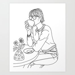 Woman Sketch. Lady with coffee cup in a cafe Art Print
