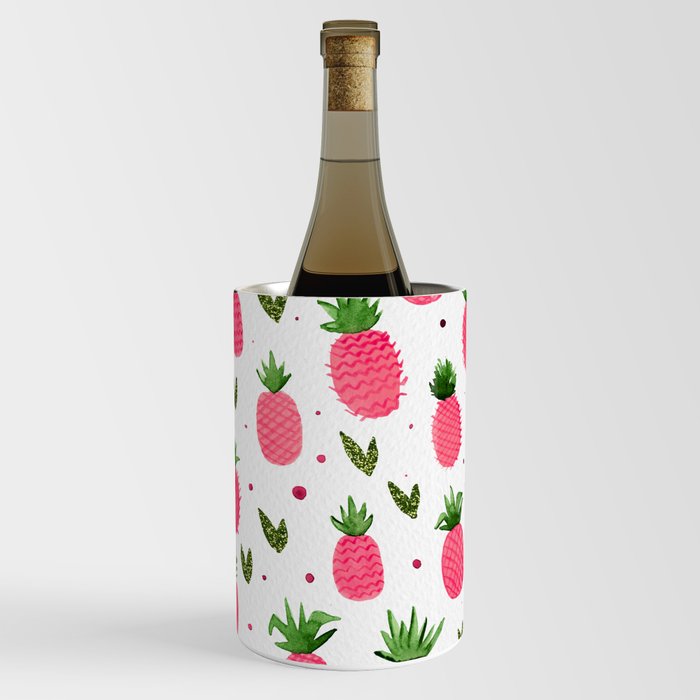 Watercolor pineapples - pink and green glitter Wine Chiller