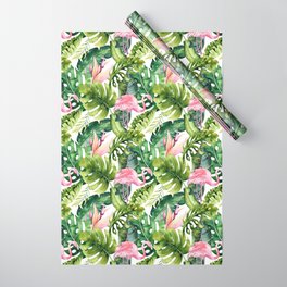 Flamingo Tropical, Colorful Tropical Jungle Monstera Painting, Watercolor Birds Banana Leaves Wrapping Paper
