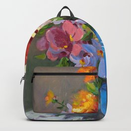 Blue vase and flowers Backpack | French, Flowers, Monet, Rose, Vase, Daisy, Blue, Poppy, Painting 