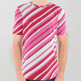 [ Thumbnail: Hot Pink, Crimson, and Mint Cream Colored Stripes/Lines Pattern All Over Graphic Tee ]