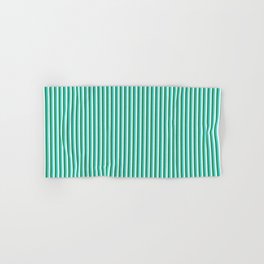 [ Thumbnail: Sea Green, Turquoise, and Light Cyan Colored Stripes Pattern Hand & Bath Towel ]
