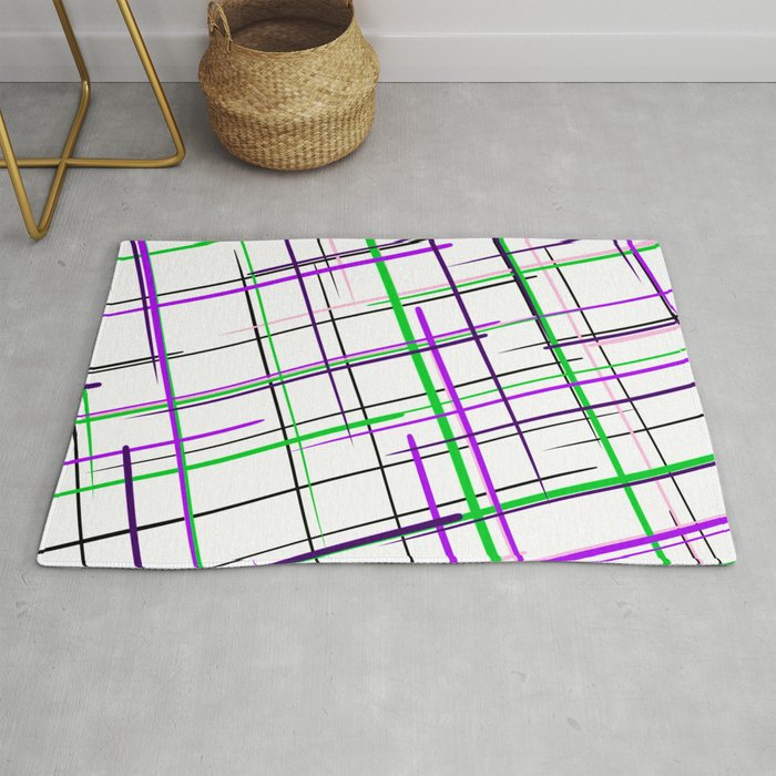 Abstract Black Violet Pink Neon Green Geometrical Stripes Pattern Rug