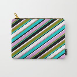 [ Thumbnail: Colorful Plum, Green, Dark Turquoise, Black, and White Colored Lined/Striped Pattern Carry-All Pouch ]