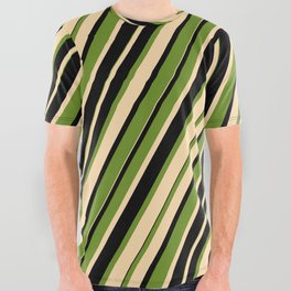 [ Thumbnail: Green, Tan & Black Colored Stripes/Lines Pattern All Over Graphic Tee ]