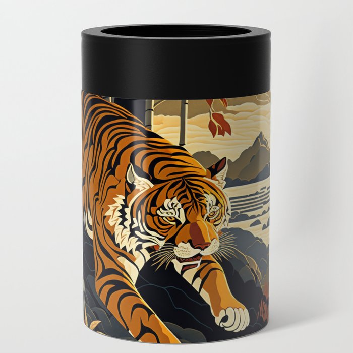 art deco style paint with a young tiger Can Cooler