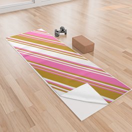 [ Thumbnail: Dark Goldenrod, White, and Hot Pink Colored Stripes/Lines Pattern Yoga Towel ]
