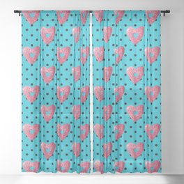 Pink plaid watercolor heart shaped donuts with polka dots on blue background Sheer Curtain