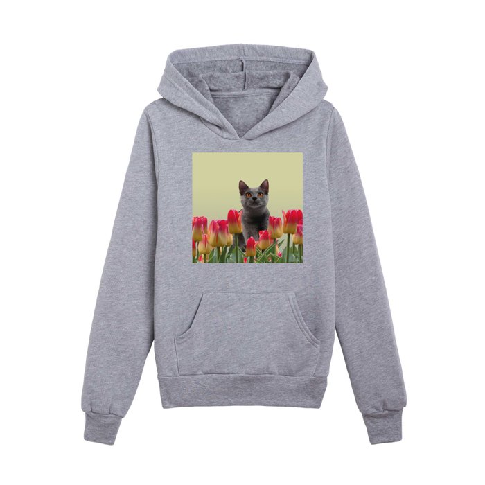 red and orange Tulips field  with Grey cat Kids Pullover Hoodie