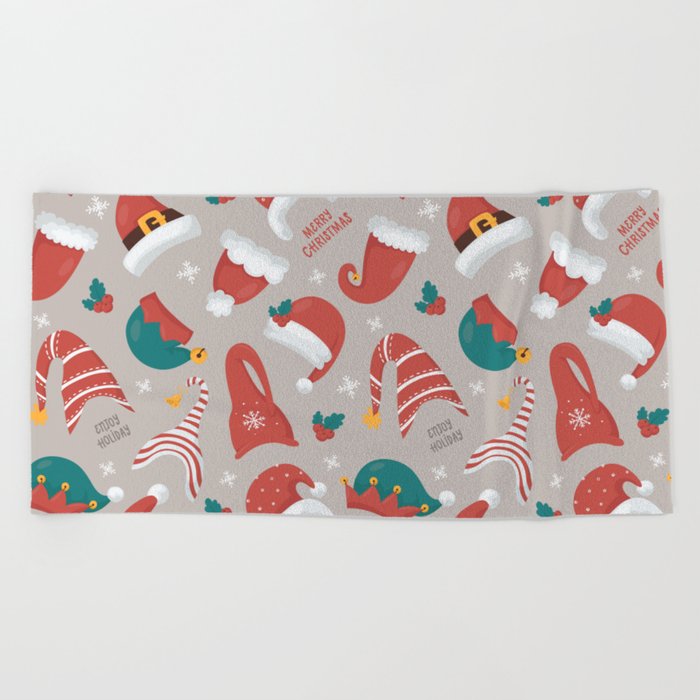 Christmas gnomes seamless pattern Beach Towel