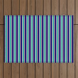 [ Thumbnail: Light Coral, Blue, Tan & Light Sea Green Colored Stripes/Lines Pattern Outdoor Rug ]