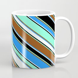 [ Thumbnail: Colorful Brown, Blue, Mint Cream, Black & Aquamarine Colored Striped Pattern Coffee Mug ]