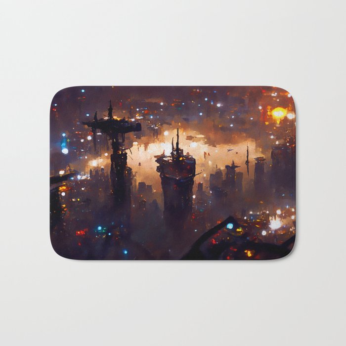 Postcards from the Future - Cyberpunk Cityscape Bath Mat