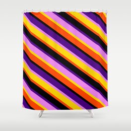 [ Thumbnail: Indigo, Violet, Yellow, Red & Black Colored Stripes Pattern Shower Curtain ]