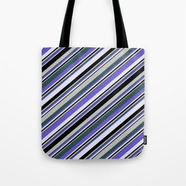 [ Thumbnail: Eyecatching Grey, Dark Slate Gray, Slate Blue, Lavender, and Black Colored Lines/Stripes Pattern Tote Bag ]