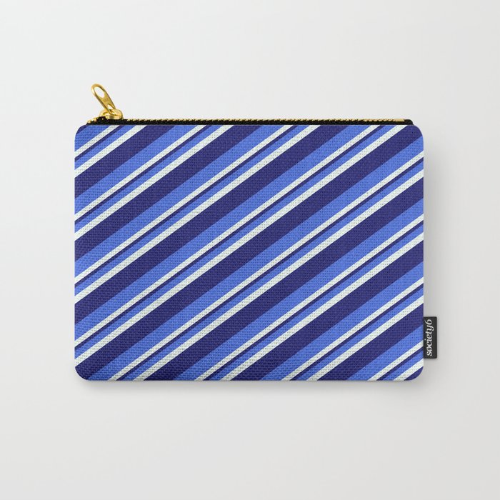 Royal Blue, Mint Cream & Midnight Blue Colored Striped Pattern Carry-All Pouch