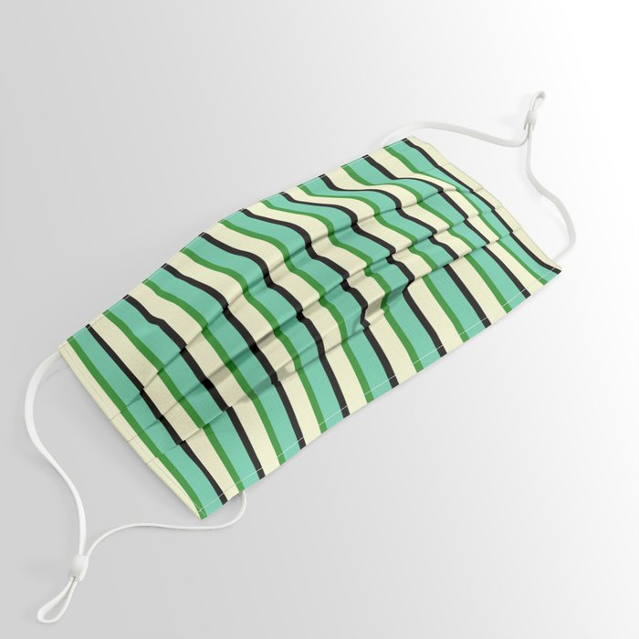 Light Yellow, Forest Green, Aquamarine & Black Colored Striped Pattern Face Mask