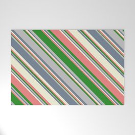 [ Thumbnail: Eye-catching Beige, Light Coral, Forest Green, Grey, and Slate Gray Colored Lined/Striped Pattern Welcome Mat ]