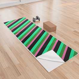 [ Thumbnail: Hot Pink, Forest Green, Green & Black Colored Striped Pattern Yoga Towel ]