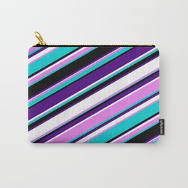 [ Thumbnail: Eyecatching Violet, Dark Turquoise, Black, Indigo & White Colored Lines/Stripes Pattern Carry-All Pouch ]