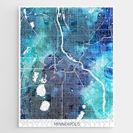Minneapolis Minnesota Map Navy Blue Turquoise Watercolor USA States Map Jigsaw Puzzle