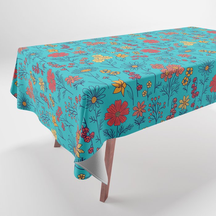 Vibrant Turquoise, Red & Orange Floral Tablecloth