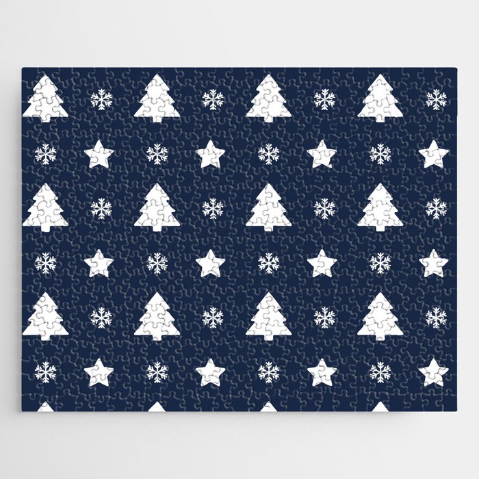 Christmas Pattern White Navy Blue Tree Snowflake Jigsaw Puzzle