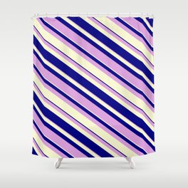 [ Thumbnail: Blue, Plum, and Light Yellow Colored Lines Pattern Shower Curtain ]