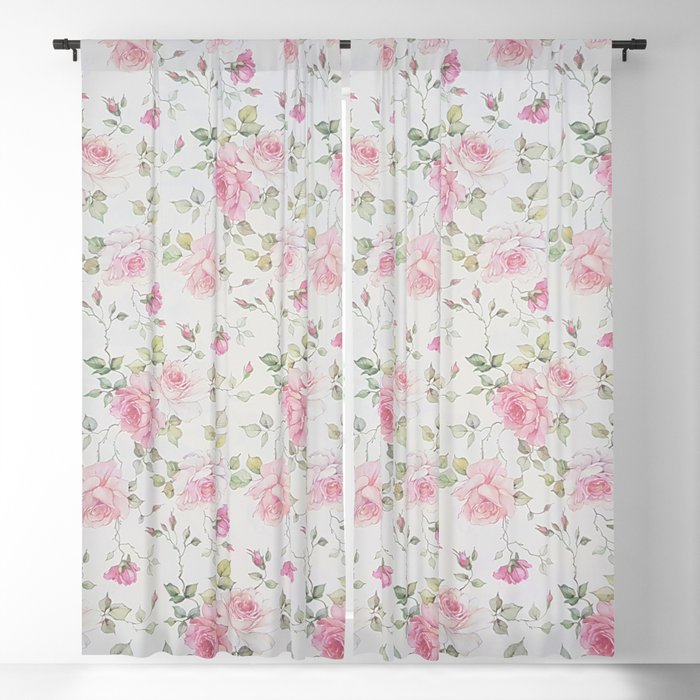 Elegant blush pink white vintage rose floral Blackout Curtain by