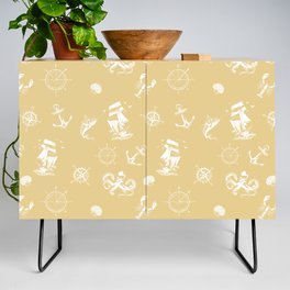 Beige And White Silhouettes Of Vintage Nautical Pattern Credenza