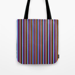 [ Thumbnail: Dark Orange, Black, Sky Blue, and Indigo Colored Striped Pattern Tote Bag ]