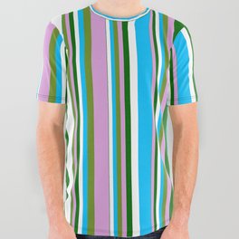 [ Thumbnail: Green, Plum, Dark Green, White & Deep Sky Blue Colored Stripes Pattern All Over Graphic Tee ]