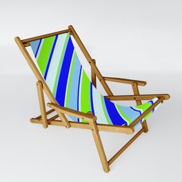 [ Thumbnail: Chartreuse, Light Sky Blue, Blue, and Light Cyan Colored Striped Pattern Sling Chair ]