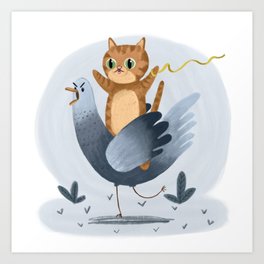 Cat Riding a Pigeon Art Print