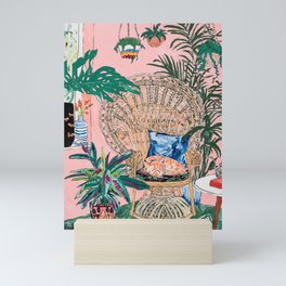 Ginger Cat in Peacock Chair with Indoor Jungle of House Plants Interior Painting Mini Art Print