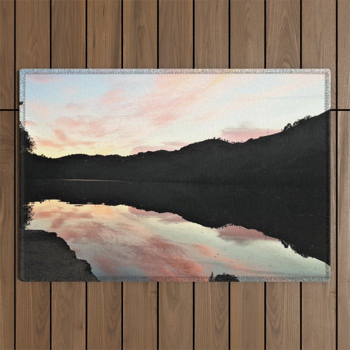 Reflection of sunset in the river between the mountains Outdoor Rug