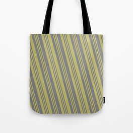 [ Thumbnail: Gray and Dark Khaki Colored Lines Pattern Tote Bag ]
