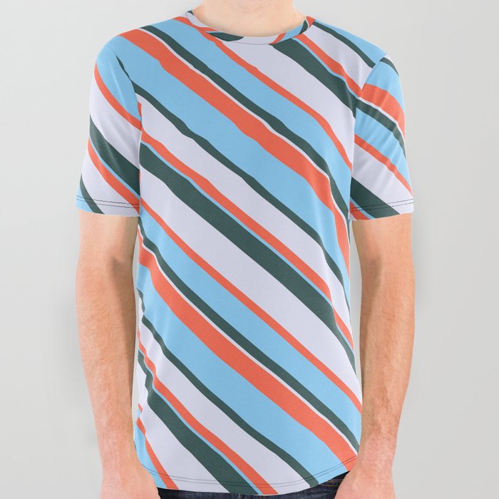 Red, Light Sky Blue, Dark Slate Gray, and Lavender Colored Pattern of Stripes All Over Graphic Tee